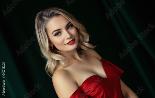 Portrait Attractive young woman in red dress. Outfit for New Year's party.