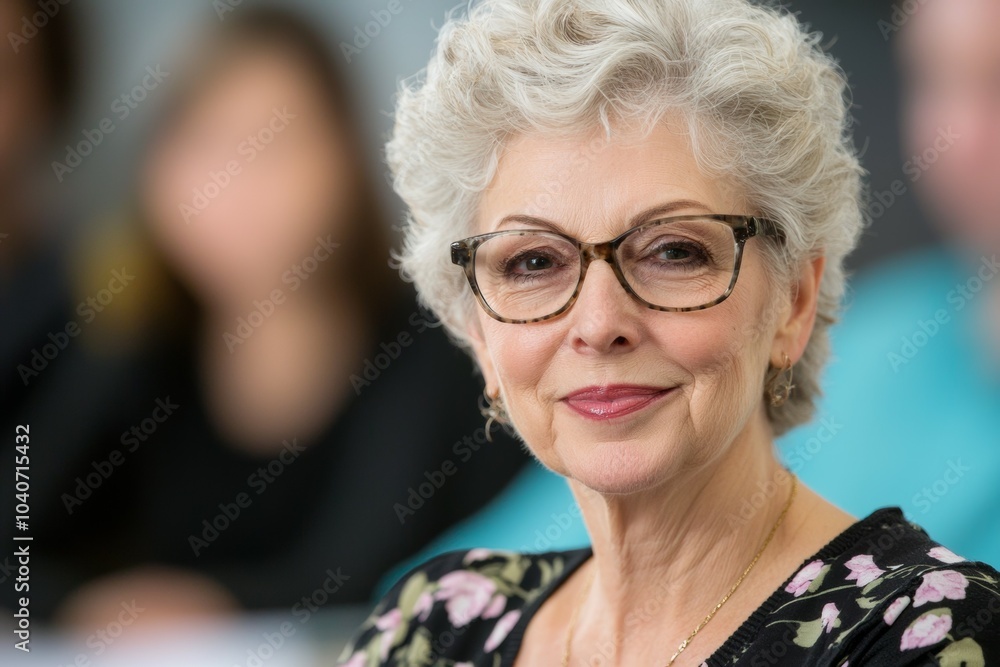 A woman with glasses and a necklace is smiling, class for adults A woman with glasses and a necklace is smiling, class for adults