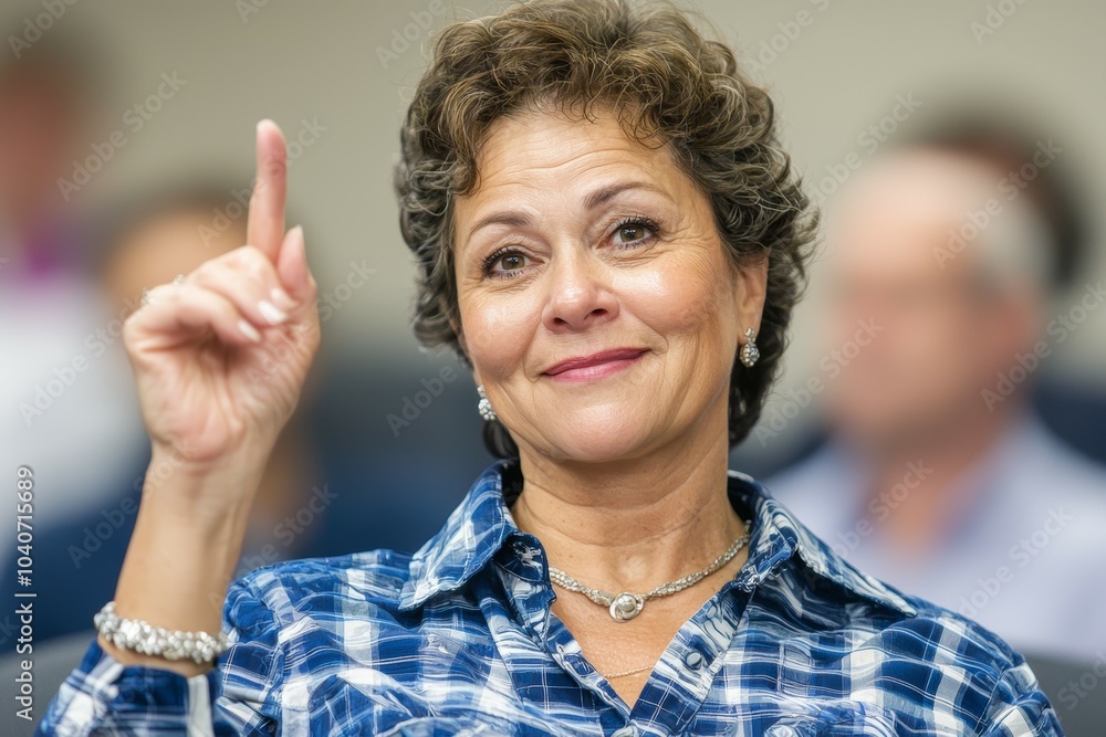 A woman is smiling and pointing her finger, class for adults A woman is smiling and pointing her finger, class for adults