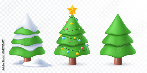 Decorated Christmas tree in 3d style. Green snow-covered fir tree isolated on transparent background. Traditional decoration for winter holidays. Element for your design. Vector illustration
