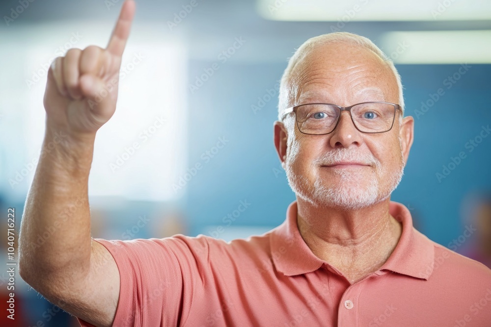 A man in a red shirt is pointing his finger up, class for adults A man in a red shirt is pointing his finger up, class for adults