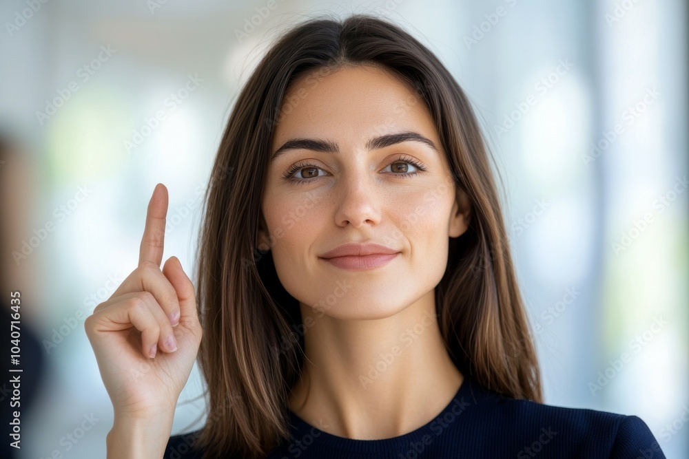 A woman with long brown hair is pointing her finger up A woman with long brown hair is pointing her finger up