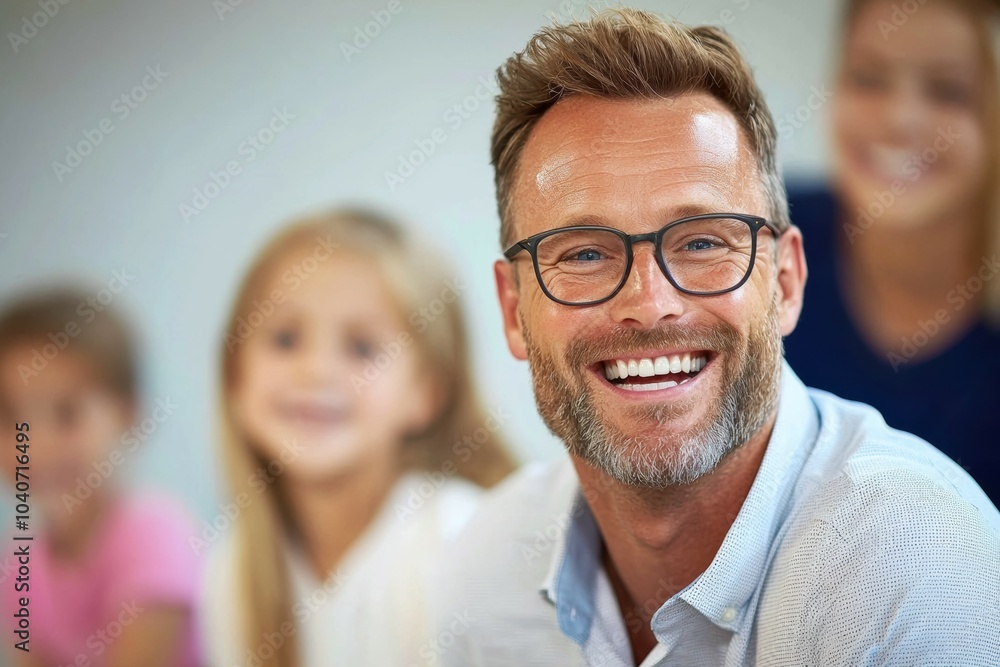 A man with glasses is smiling and posing for a photo with his family A man with glasses is smiling and posing for a photo with his family