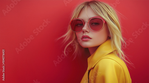 Fashion portrait of a woman in oversized sunglasses with colorful geometric background
