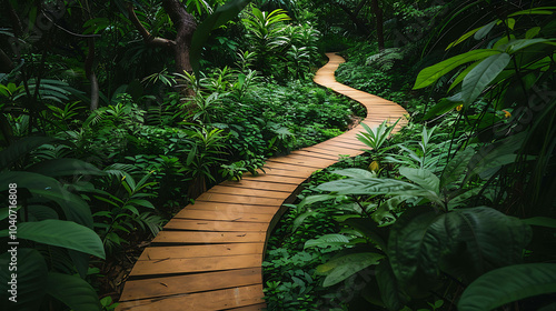 lush green foliage surrounds aå½Žæ›²çš„æœ¨æ¿è·¯ in a dense jungle. the path leads off into the distance, disappearing around a bend. photo