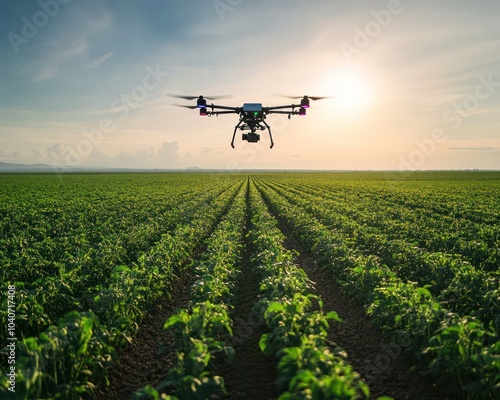 Drone with infrared sensors flying over a large field, analyzing crop health photo