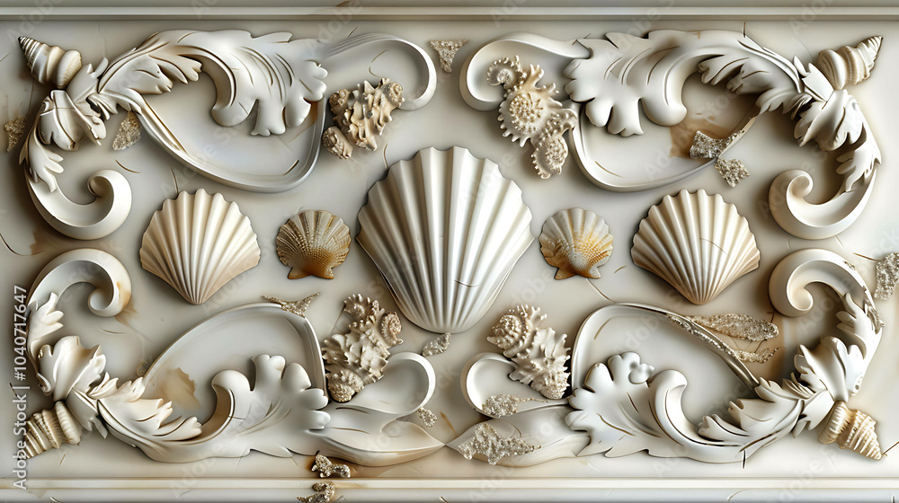 3D illustration of a white marble wall panel with a bas-relief of seashells and seaweed. The panel is framed by a simple molding. 3D illustration of a white marble wall panel with a bas-relief of seashells and seaweed. The panel is framed by a simple molding.