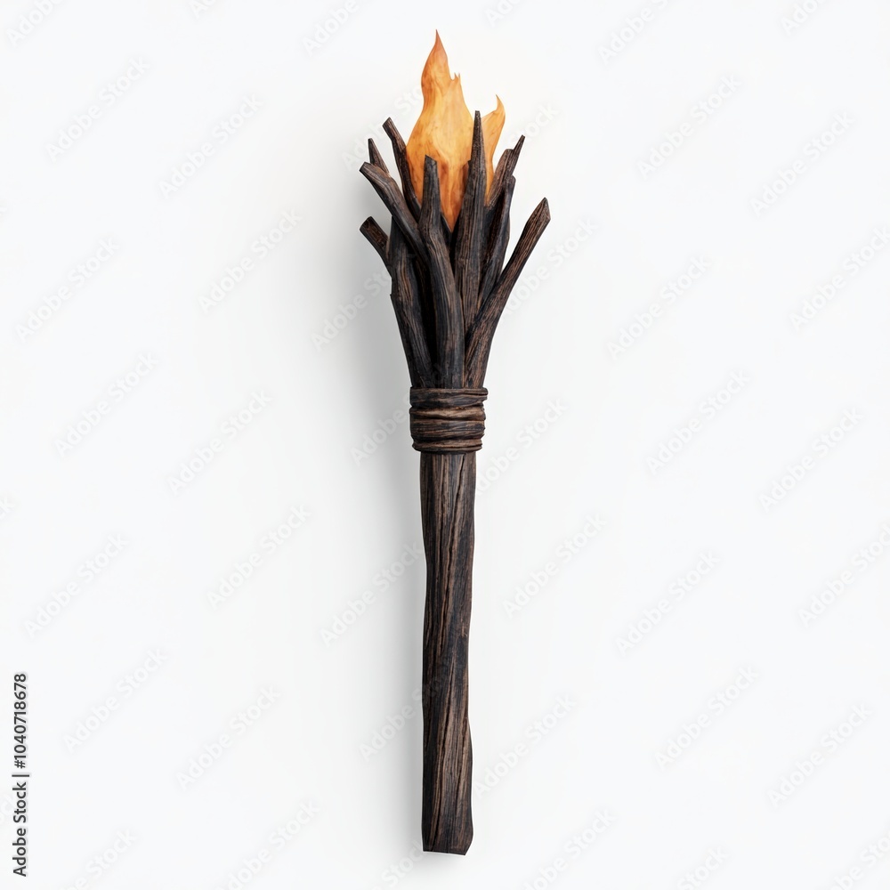 Flame-lit torch made from branches, isolated on a white background. Flame-lit torch made from branches, isolated on a white background.