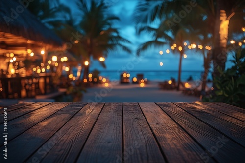 Empty wooden table with blurred luxury beach club at night