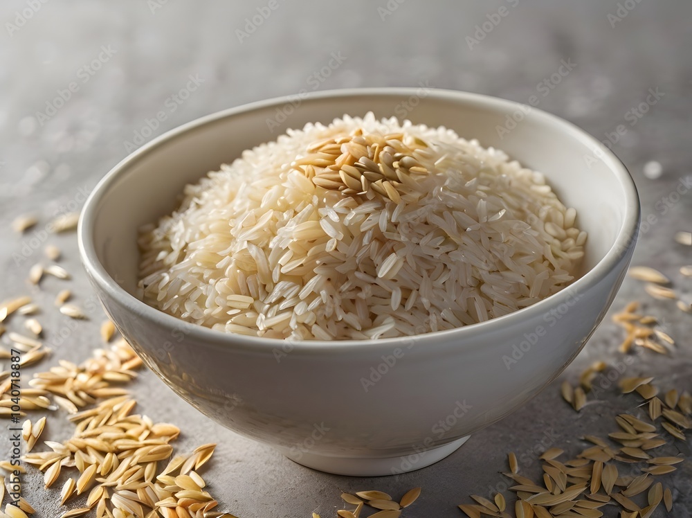 Cooked White Rice in White Bowl with Rice Hulls Cooked White Rice in White Bowl with Rice Hulls