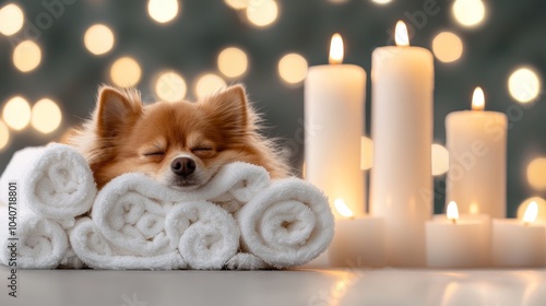 A cozy dog sleeps peacefully on fluffy towels beside glowing candles and soft bokeh lights, creating a serene atmosphere. photo