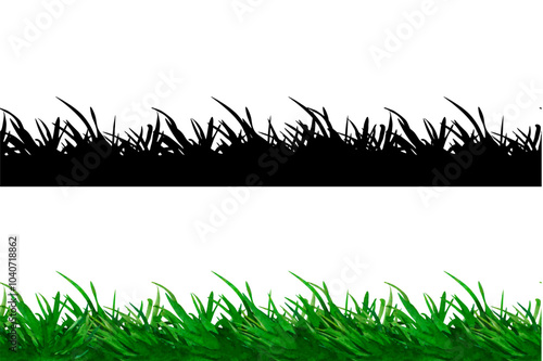 Vector Seamless border with lawn green grass. Illustration of black silhouette of grass. Summer grassy meadow element for design, nature landscape. Spring herb. Organic, bio, eco label and shape photo