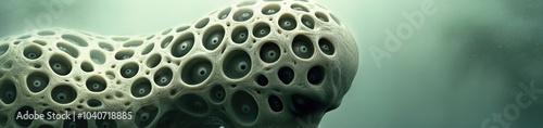 Organic structure resembling a porous, underwater creature in a serene green environment, AI