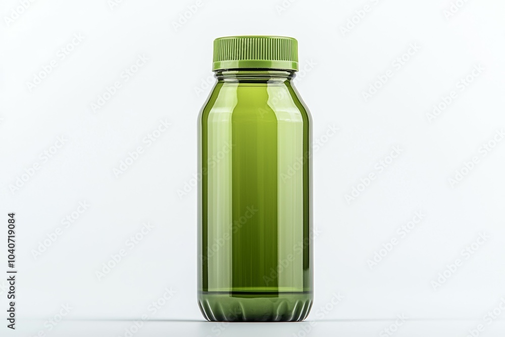 A green bottle with a green cap sits on a white background A green bottle with a green cap sits on a white background