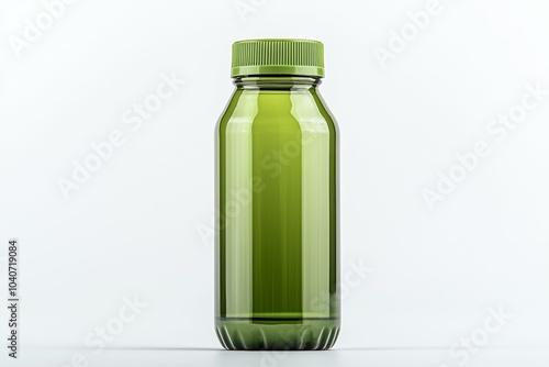 A green bottle with a green cap sits on a white background