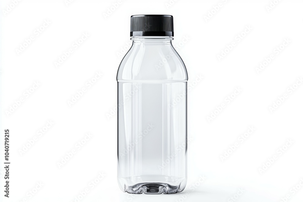 A clear plastic bottle with a black cap A clear plastic bottle with a black cap