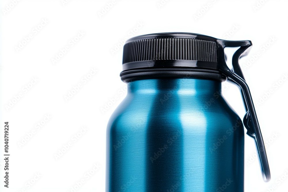 A blue metal water bottle with a black cap A blue metal water bottle with a black cap