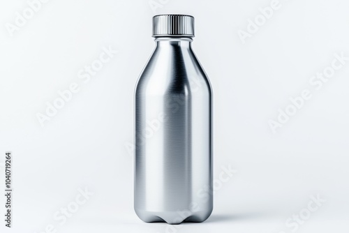 A silver bottle with a white background