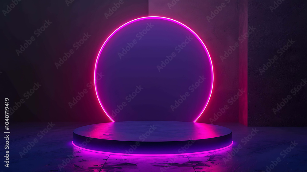 3D rendering of a dark and mysterious room with a glowing purple neon circle on the back wall and a matching purple neon podium in the center. 3D rendering of a dark and mysterious room with a glowing purple neon circle on the back wall and a matching purple neon podium in the center.