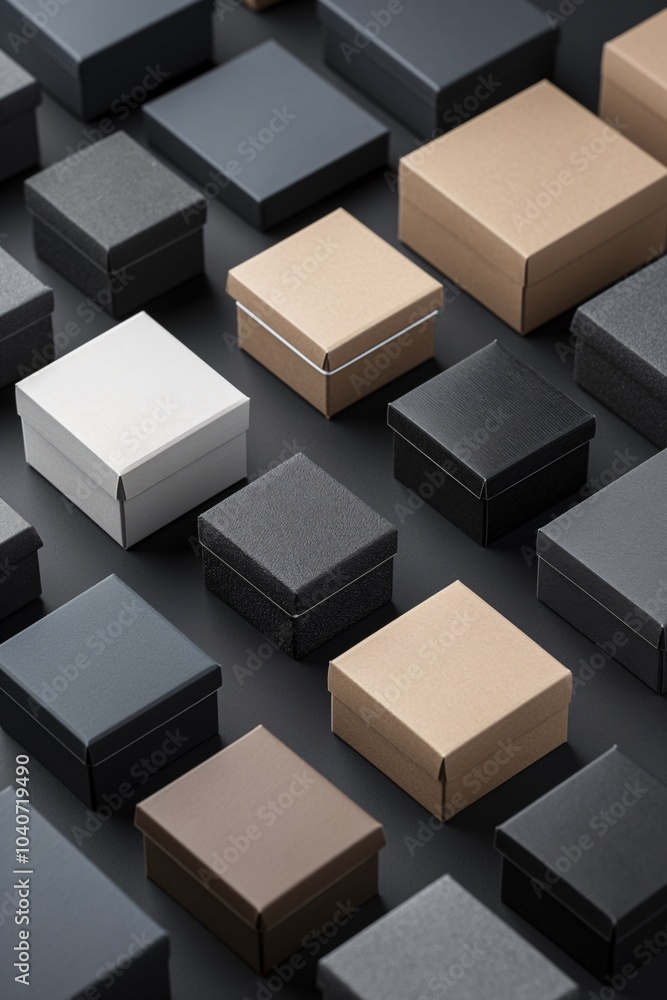 Various small boxes arranged in a grid pattern showcasing different colors and textures on a dark surface Various small boxes arranged in a grid pattern showcasing different colors and textures on a dark surface