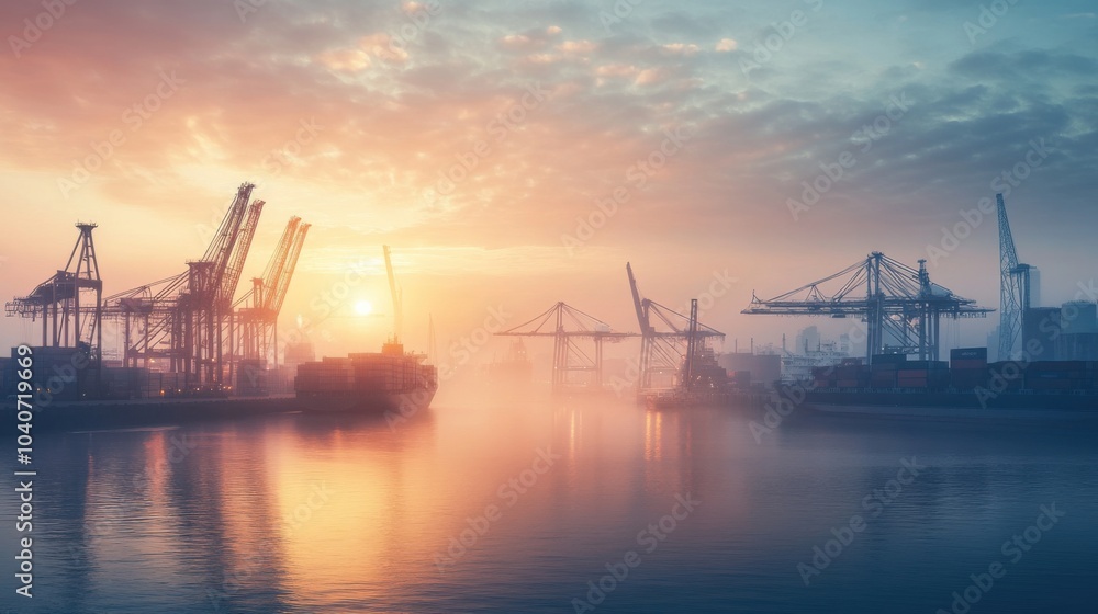 Obraz premium A dynamic harbor vista at dawn, where cranes and containers create a symphony of movement under the gentle morning sky, symbolizing the vibrancy of international trade
