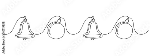One continuous line drawing of christmas balls and bells. Xmas festive decoration with mistletoe and bow in simple linear style. Seamless border in editable stroke. Doodle vector illustration