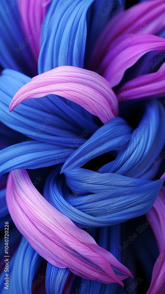 Vibrant blue and pink swirling strands create an artistic display of color and texture in a close-up abstraction Vibrant blue and pink swirling strands create an artistic display of color and texture in a close-up abstraction