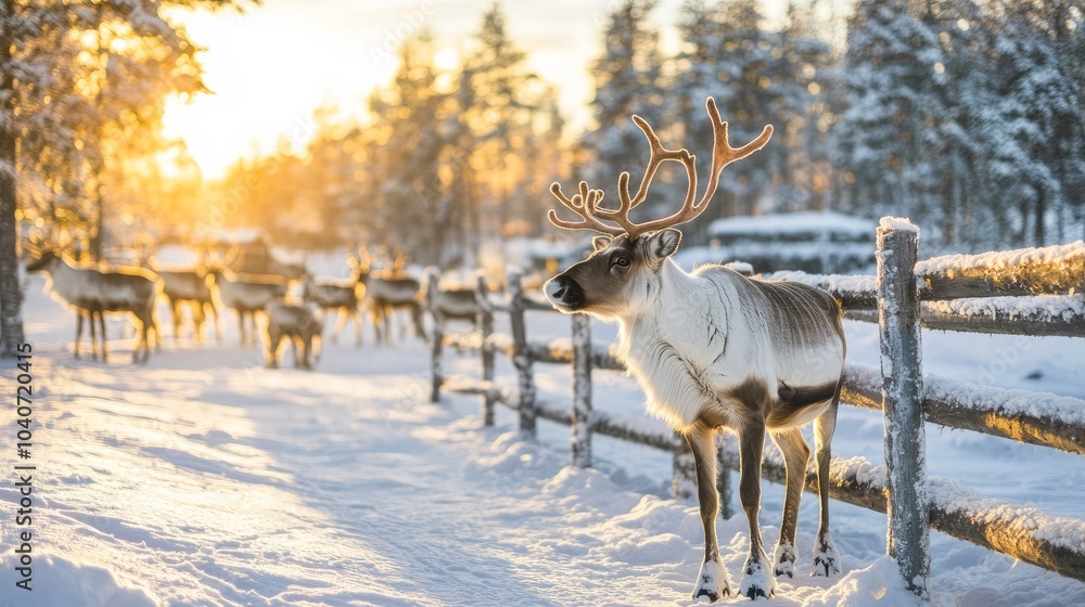 Winter day with a herd of reindeer on a farm in Lapland, Finland Winter day with a herd of reindeer on a farm in Lapland, Finland