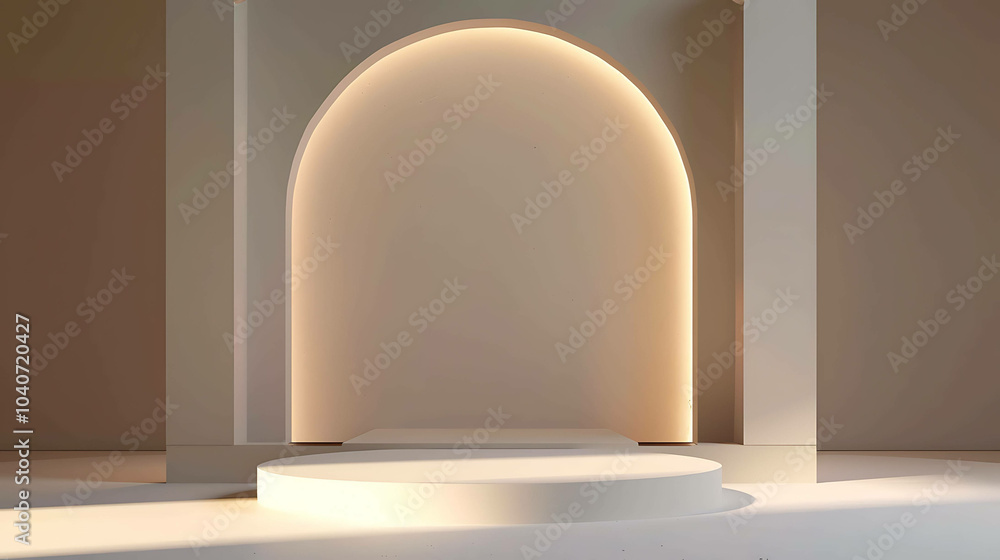 3D rendering of a simple and elegant product display stage with a glowing arch in the background. 3D rendering of a simple and elegant product display stage with a glowing arch in the background.