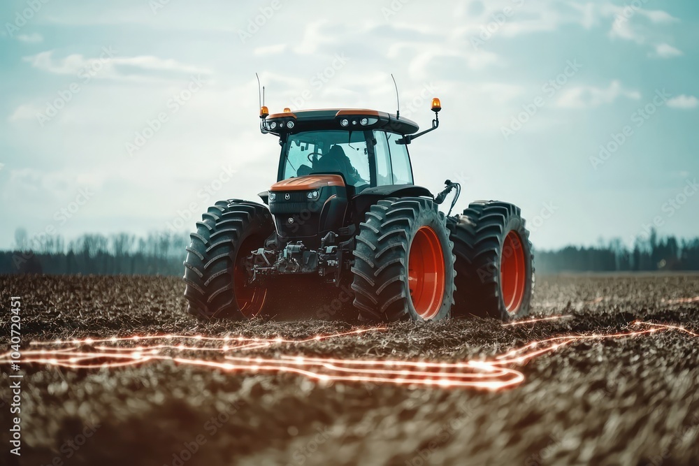 Fototapeta premium Self-driving tractor plowing fields with high-tech GPS guidance for precision farming