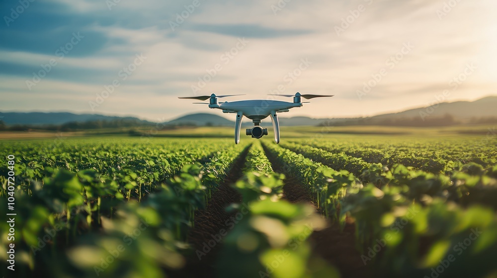 Smart drone flying over a farm, providing real-time data on crop health and moisture Smart drone flying over a farm, providing real-time data on crop health and moisture
