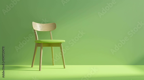 A wooden chair with a green cushion sits in the center of a green room. The chair is made of light wood and has a simple design.