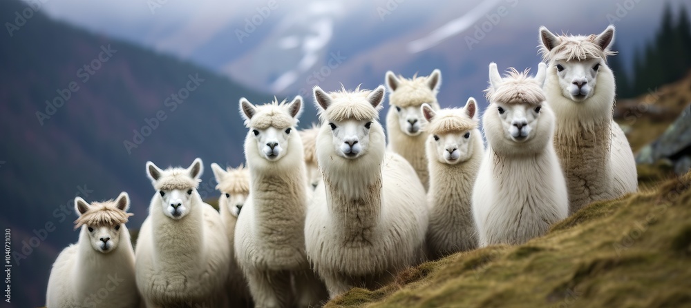 A herd of fluffy llamas standing together on a grassy hillside in the mountains during early morning A herd of fluffy llamas standing together on a grassy hillside in the mountains during early morning