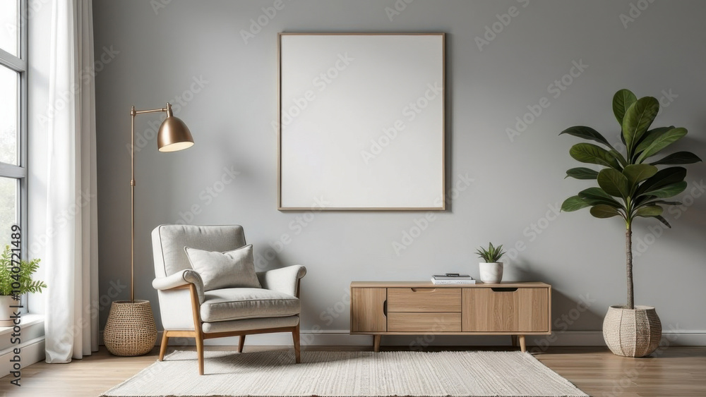 Modern, minimalist living room with an empty frame on a grey wall, perfect for showcasing art Modern, minimalist living room with an empty frame on a grey wall, perfect for showcasing art