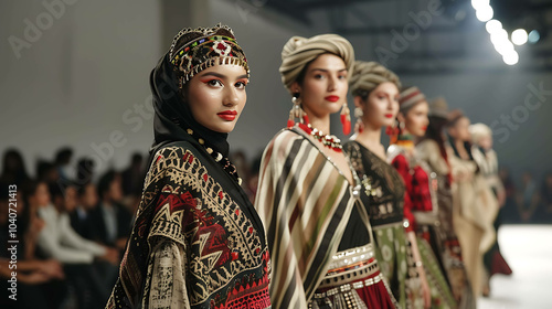 A group of models wearing traditional clothing with modern flair walk the runway at a fashion show. photo