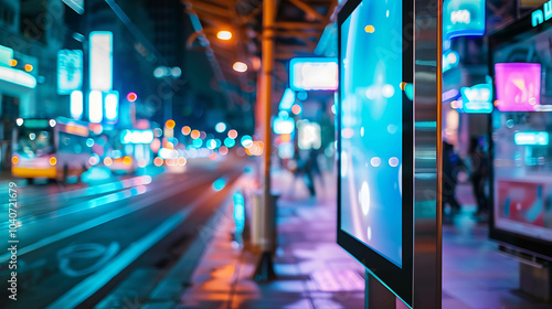 A night view of a city street with a bus stop. There are people walking on the sidewalk and a bus is passing by.