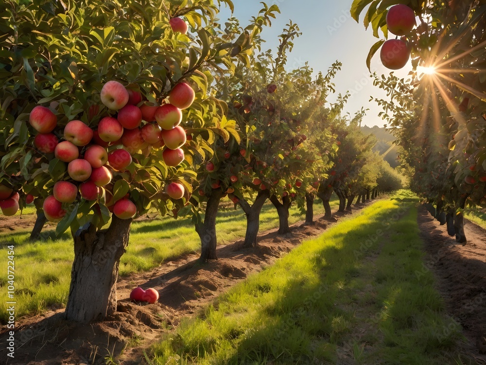 Fototapeta premium Sunset Orchard with Red Apples and Sun Rays