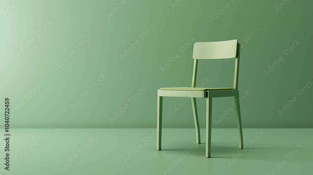 A simple green chair sits in the center of a green room. The chair is made of wood and has a light green cushion. A simple green chair sits in the center of a green room. The chair is made of wood and has a light green cushion.
