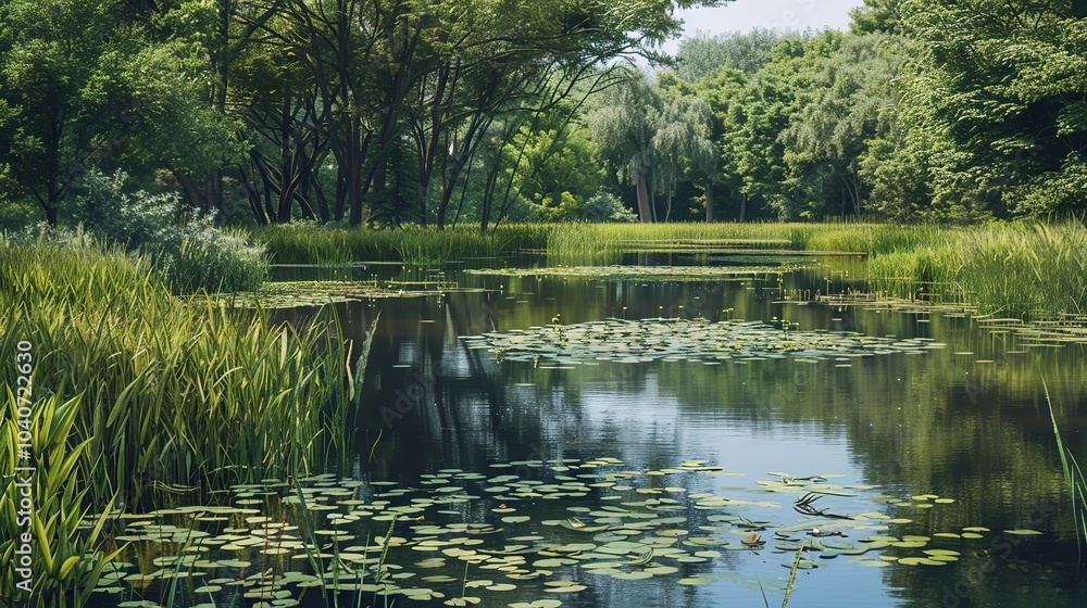 A picturesque wetland area with still water reflecting the surrounding greenery, and a variety of waterfowl and amphibians inhabiting the area A picturesque wetland area with still water reflecting the surrounding greenery, and a variety of waterfowl and amphibians inhabiting the area