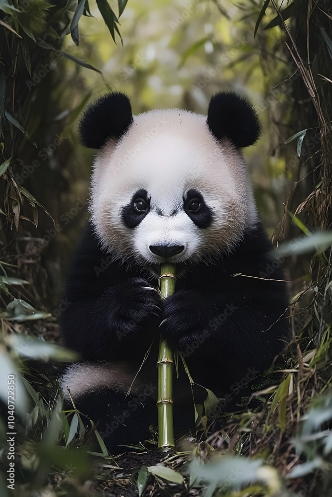 Fototapeta premium A cute giant panda munching on bamboo surrounded by lush greenery, showcasing its adorable features and playful nature in a serene forest setting.