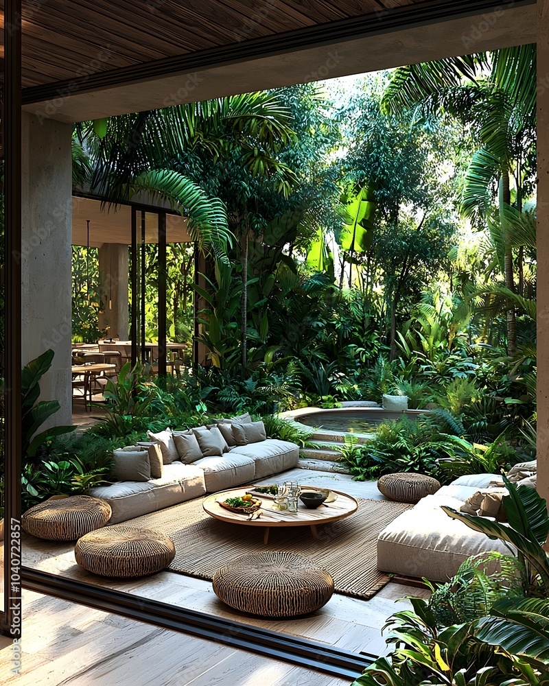 Fototapeta premium Luxurious open-air living room with plush seating and lush greenery, creating a serene and tropical oasis atmosphere, perfect for relaxation and entertaining.