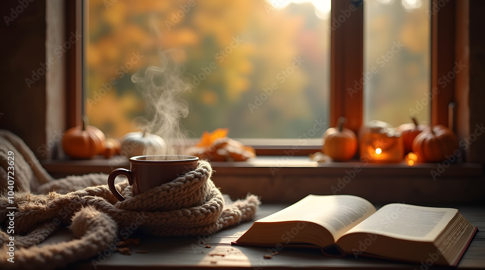 Cup of coffee wrapped in a warm scarf and a book on a wooden table near the window Cup of coffee wrapped in a warm scarf and a book on a wooden table near the window
