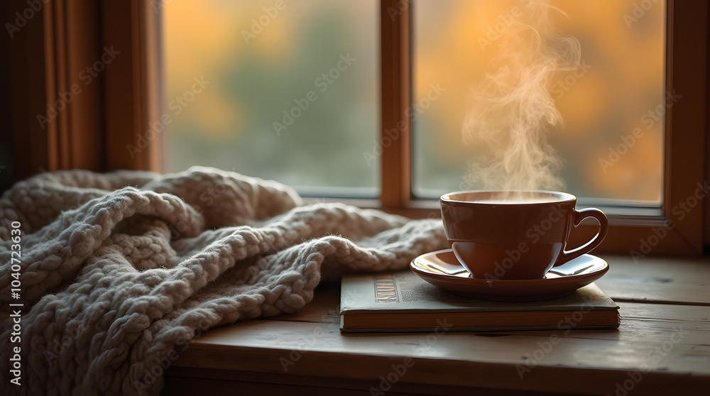 Cup of coffee wrapped in a warm scarf and a book on a wooden table near the window Cup of coffee wrapped in a warm scarf and a book on a wooden table near the window