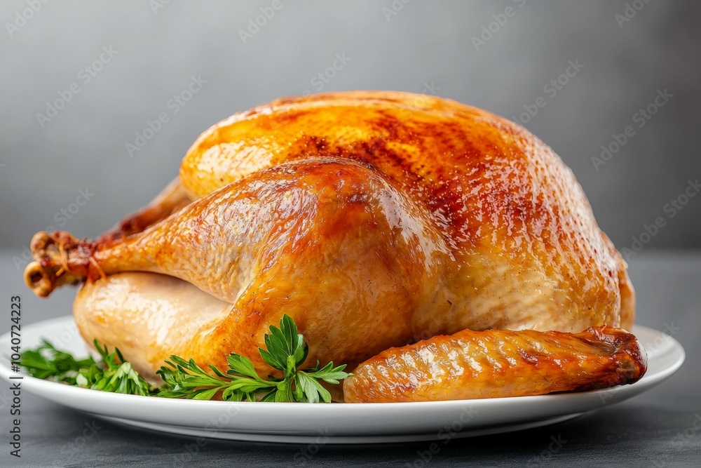 A large roasted turkey sits on a white plate with parsley A large roasted turkey sits on a white plate with parsley