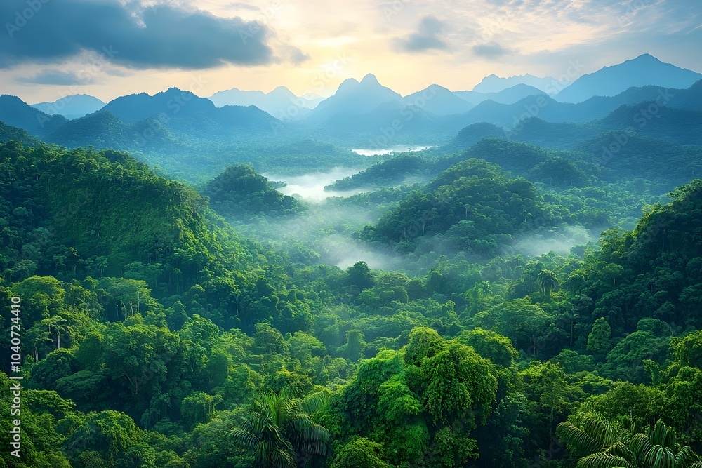 Fototapeta premium Breathtaking view of a lush green rainforest with misty valleys under a cloudy sky at sunrise, surrounded by towering mountains.