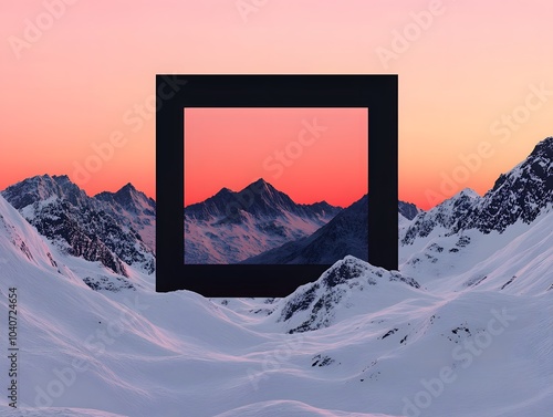 Symmetrical mountains with central frame and pastel sky photo