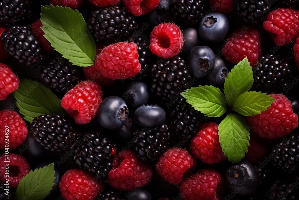 Fresh mix of raspberries, blackberries, and blueberries, garnished with mint leaves Fresh mix of raspberries, blackberries, and blueberries, garnished with mint leaves
