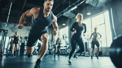 A dynamic image of a fitness trainer leading a high-intensity interval training (HIIT) session in a gym, with energetic participants and exercise equipment, Active style