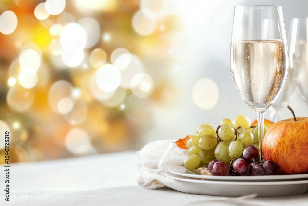 A plate of fruit and a wine glass with a half full of wine A plate of fruit and a wine glass with a half full of wine