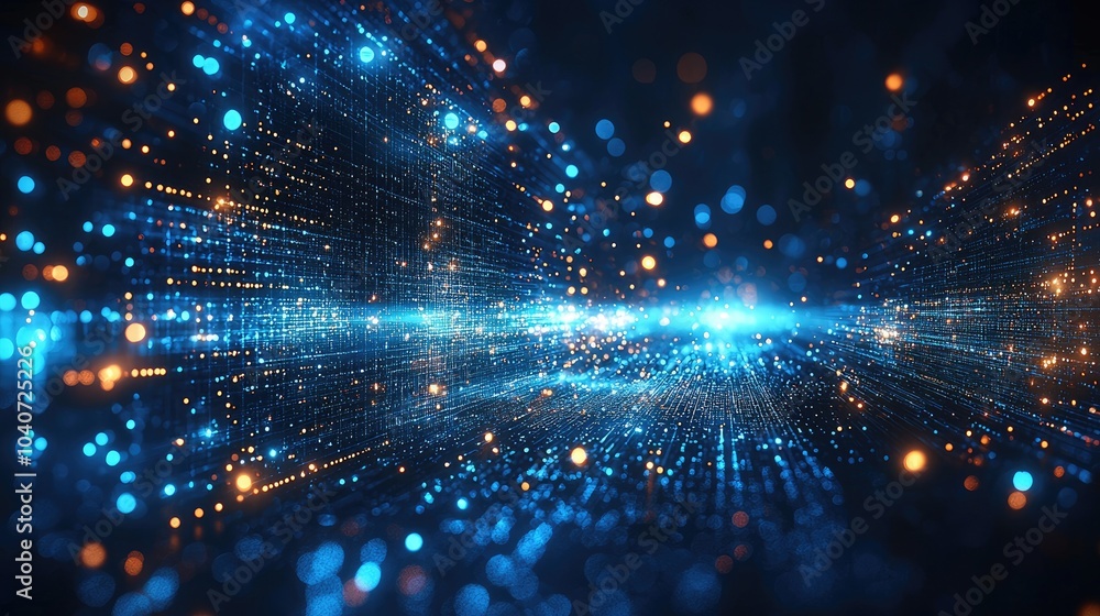 Fototapeta premium Abstract digital blue and orange glowing lights and particles, representing data, technology, and the future.